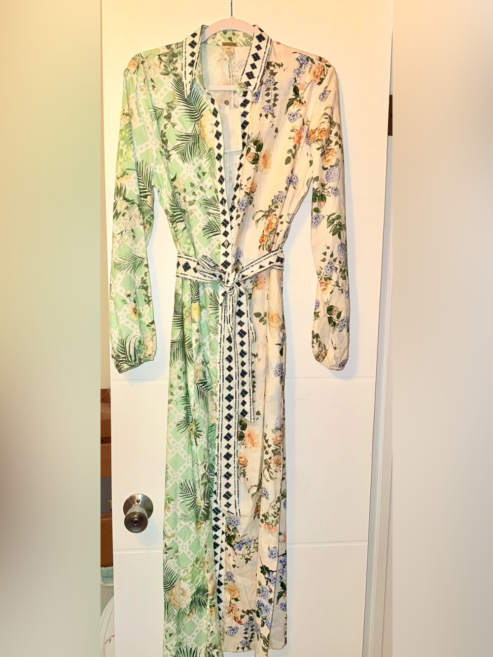 Magaschoni Green & Cream Floral Split-Panel Maxi Dress